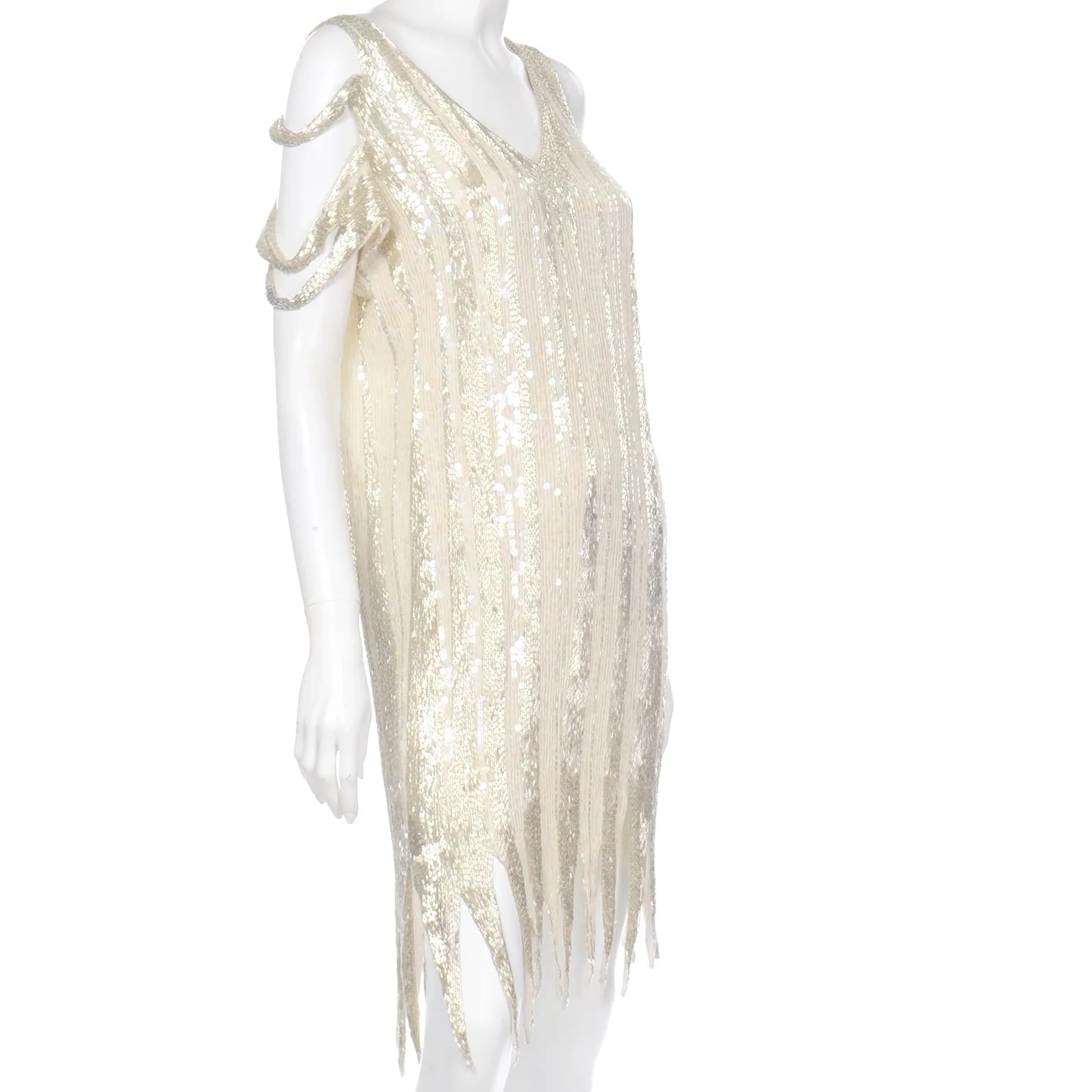 1920s Flapper Inspired Beaded Ivory & Silver Silk Evening Dress