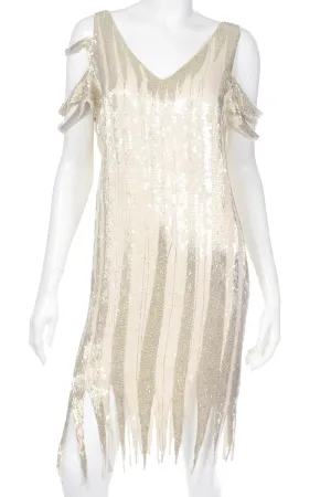 1920s Flapper Inspired Beaded Ivory & Silver Silk Evening Dress