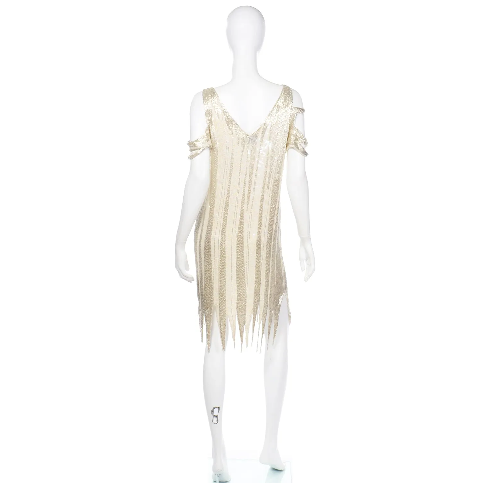 1920s Flapper Inspired Beaded Ivory & Silver Silk Evening Dress