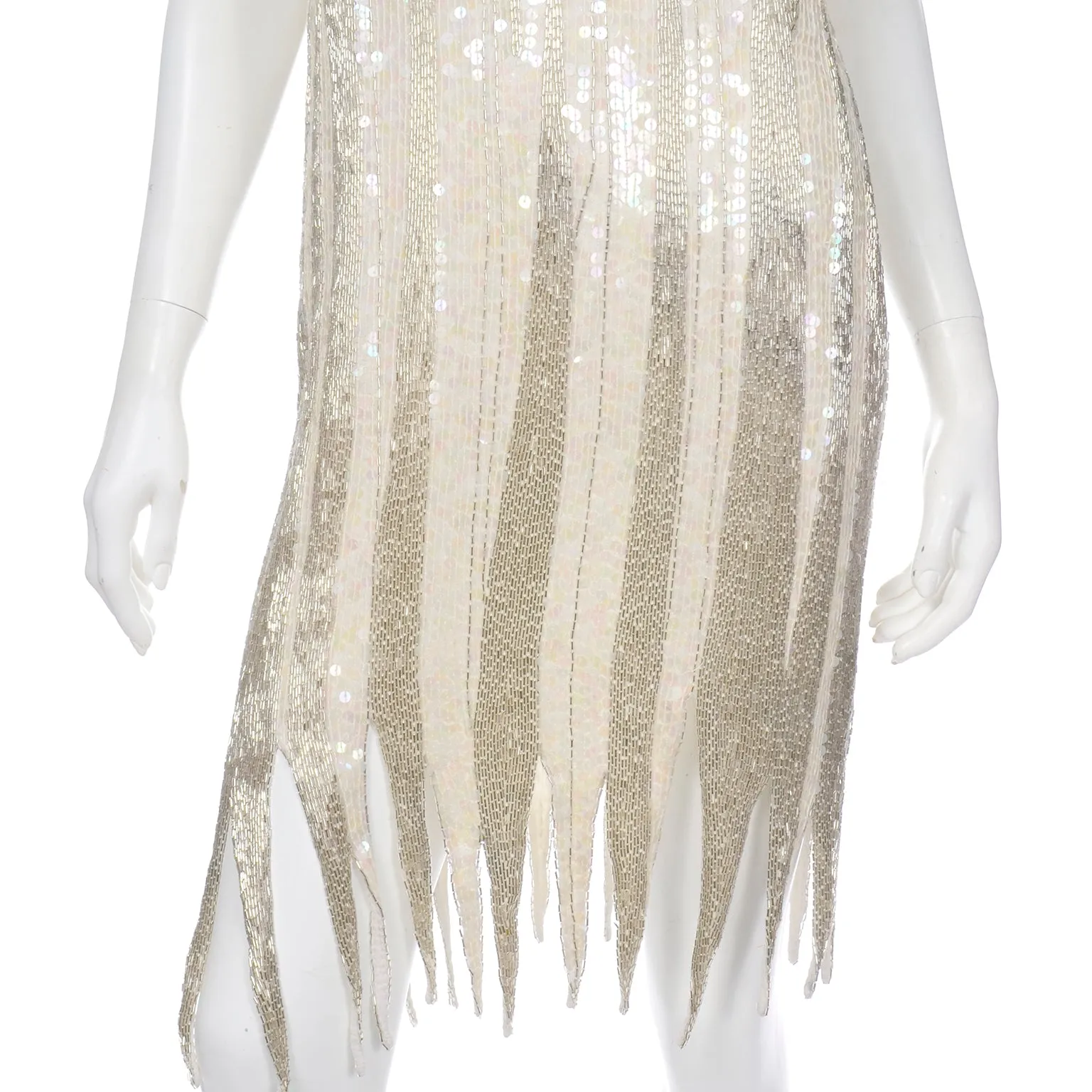 1920s Flapper Inspired Beaded Ivory & Silver Silk Evening Dress