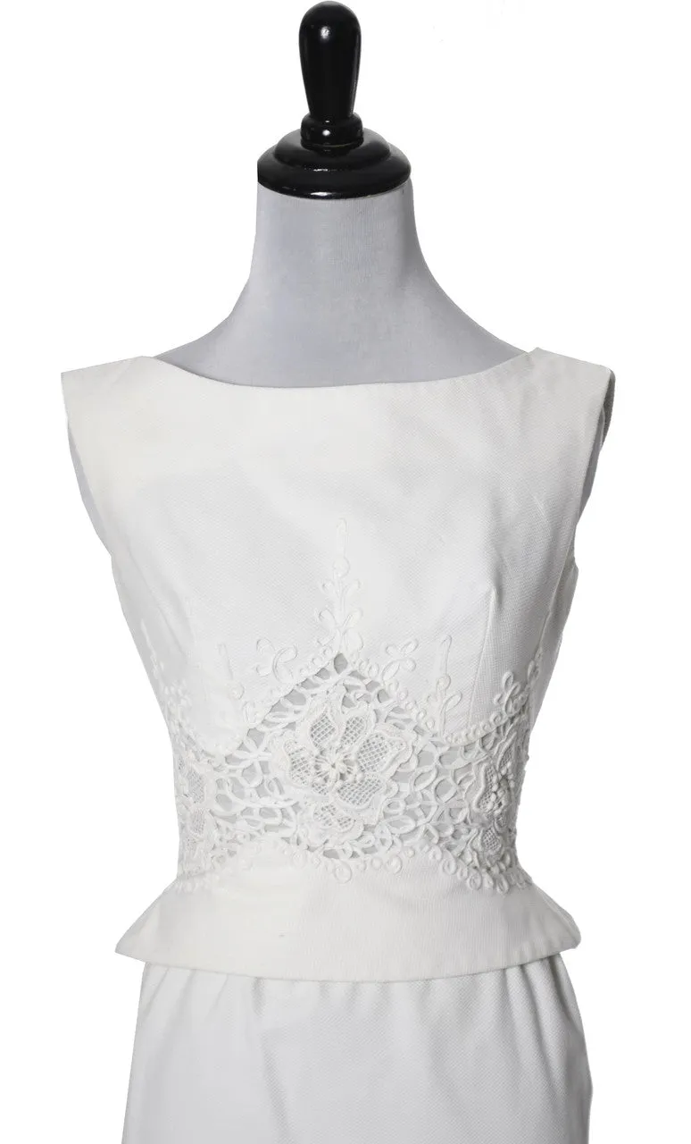 1960's Vintage Carlye White Pique Peplum & Lace 2 Piece Dress