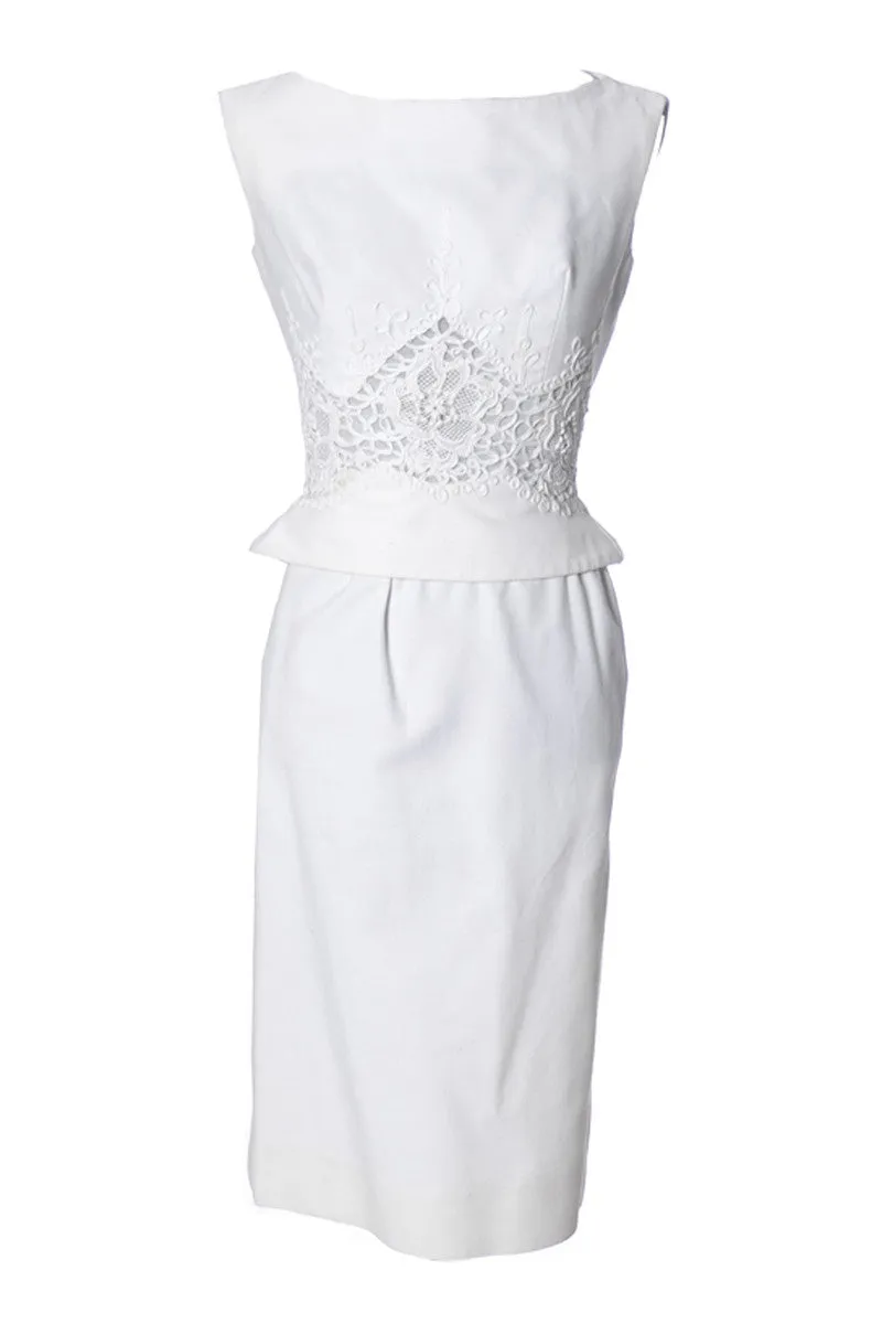 1960's Vintage Carlye White Pique Peplum & Lace 2 Piece Dress