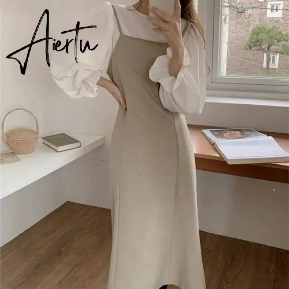 Aiertu New Autumn Winter Women's Sets 2 Pieces Blouses Sleeveless Dresses Fashionable Elegant Vintage Lace Up Long Suits