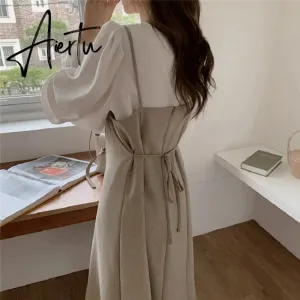 Aiertu New Autumn Winter Women's Sets 2 Pieces Blouses Sleeveless Dresses Fashionable Elegant Vintage Lace Up Long Suits