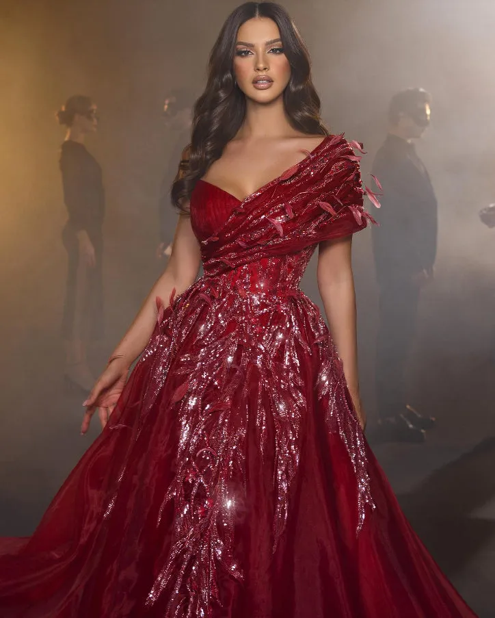 Beautiful Long Red Sweetheart A-line Prom Dress With Feather