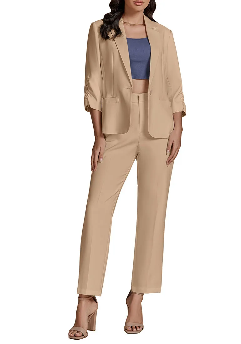 Beige Two piece set of women's 3/4 sleeve business coat and pants suit