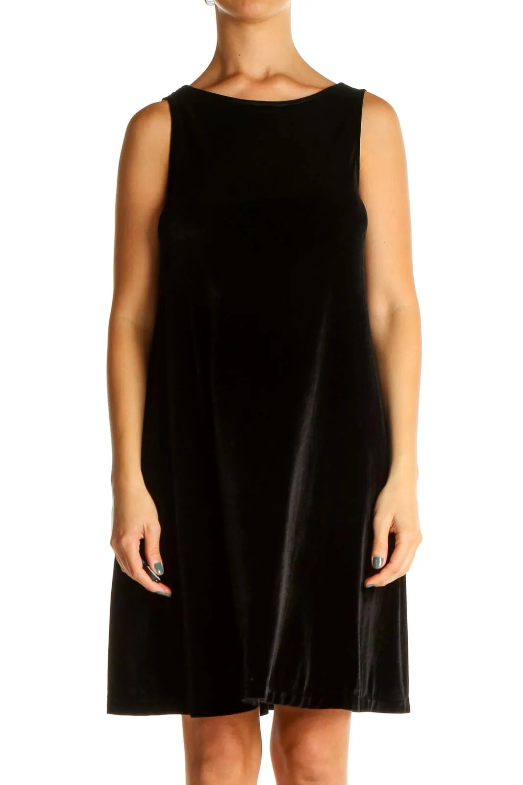 Black Solid Velvet Classic A-Line Dress