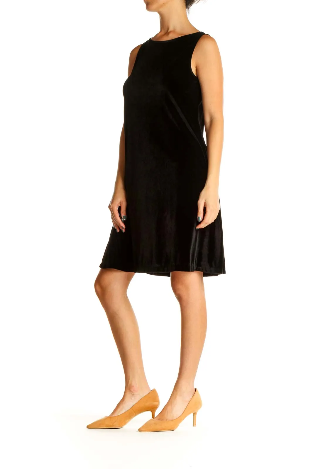 Black Solid Velvet Classic A-Line Dress