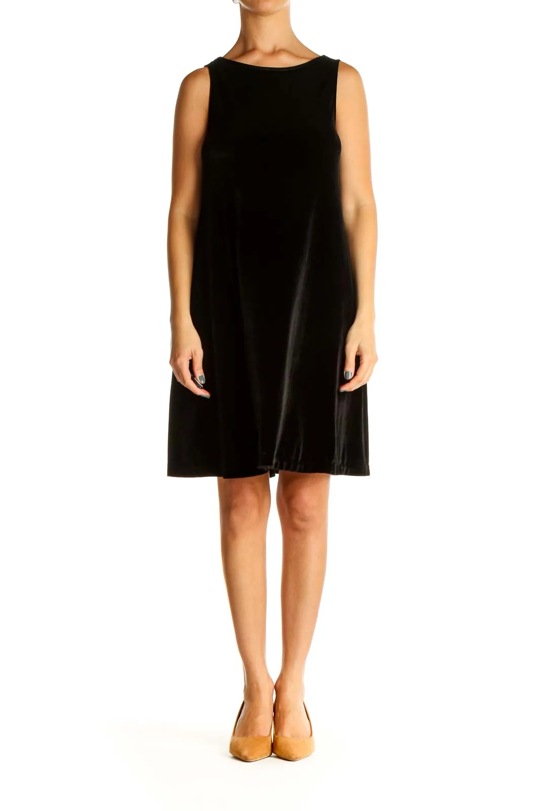 Black Solid Velvet Classic A-Line Dress