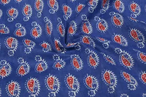 Blue & White Paisley Block Printed Cotton Fabric