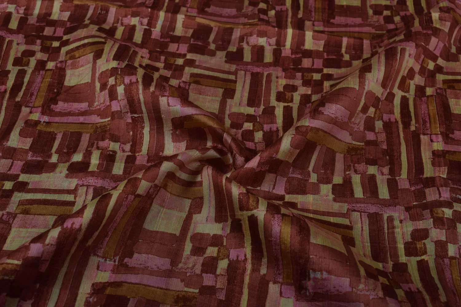 Brown Tussar Silk Print Fabric