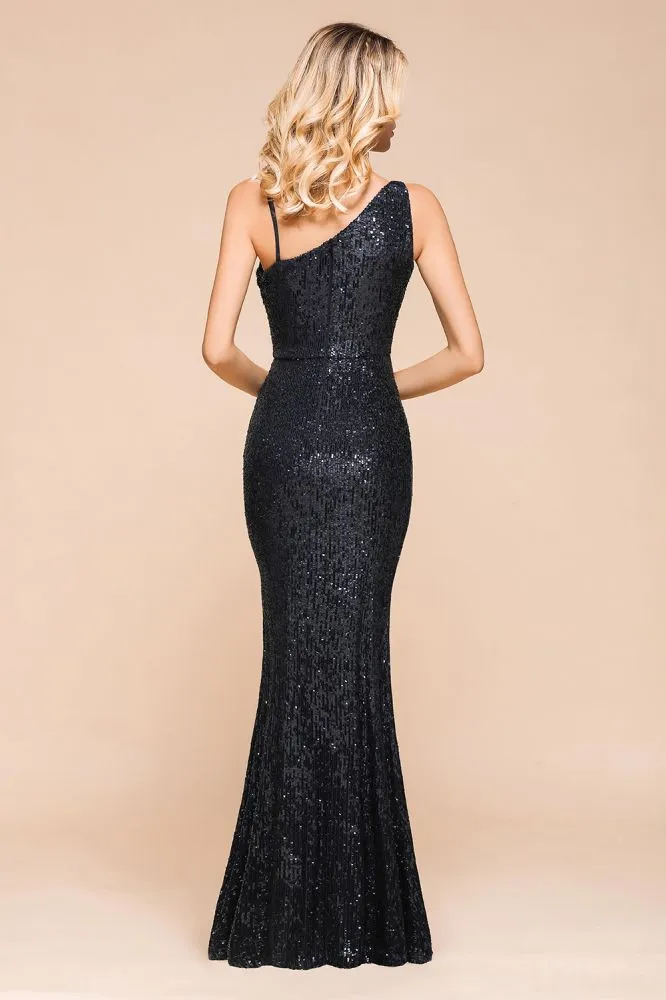 Charming One Shoulder Glitter Sequins Evening Prom Dress Side Split Party Gown