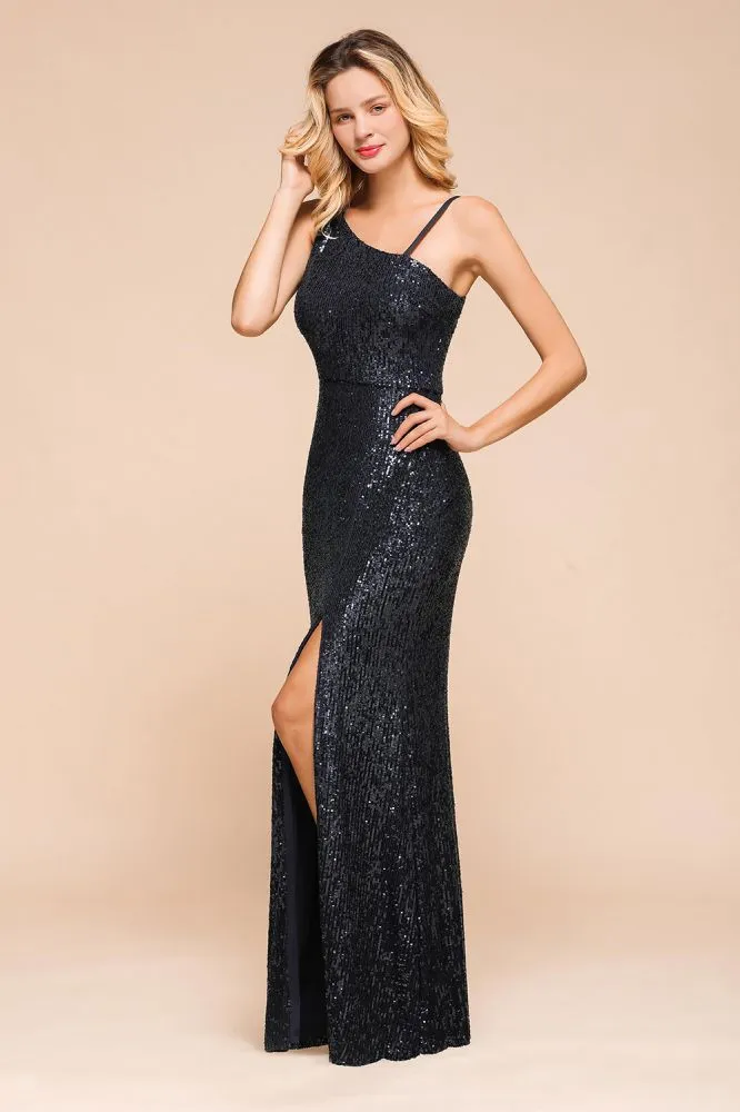 Charming One Shoulder Glitter Sequins Evening Prom Dress Side Split Party Gown