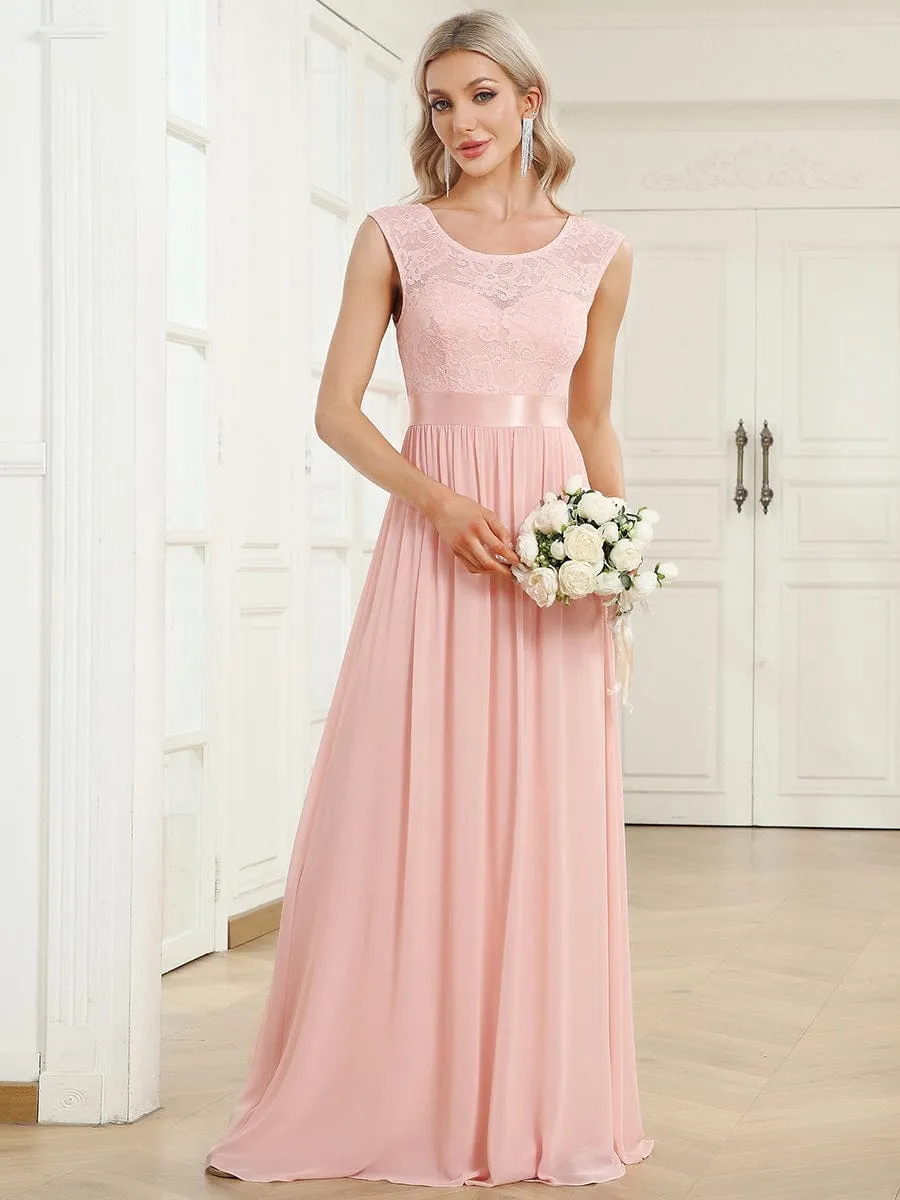 Classic Round Neck V Back Lace Bodice Bridesmaid Dress