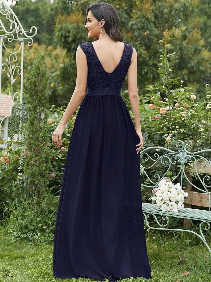 Classic Round Neck V Back Lace Bodice Bridesmaid Dress