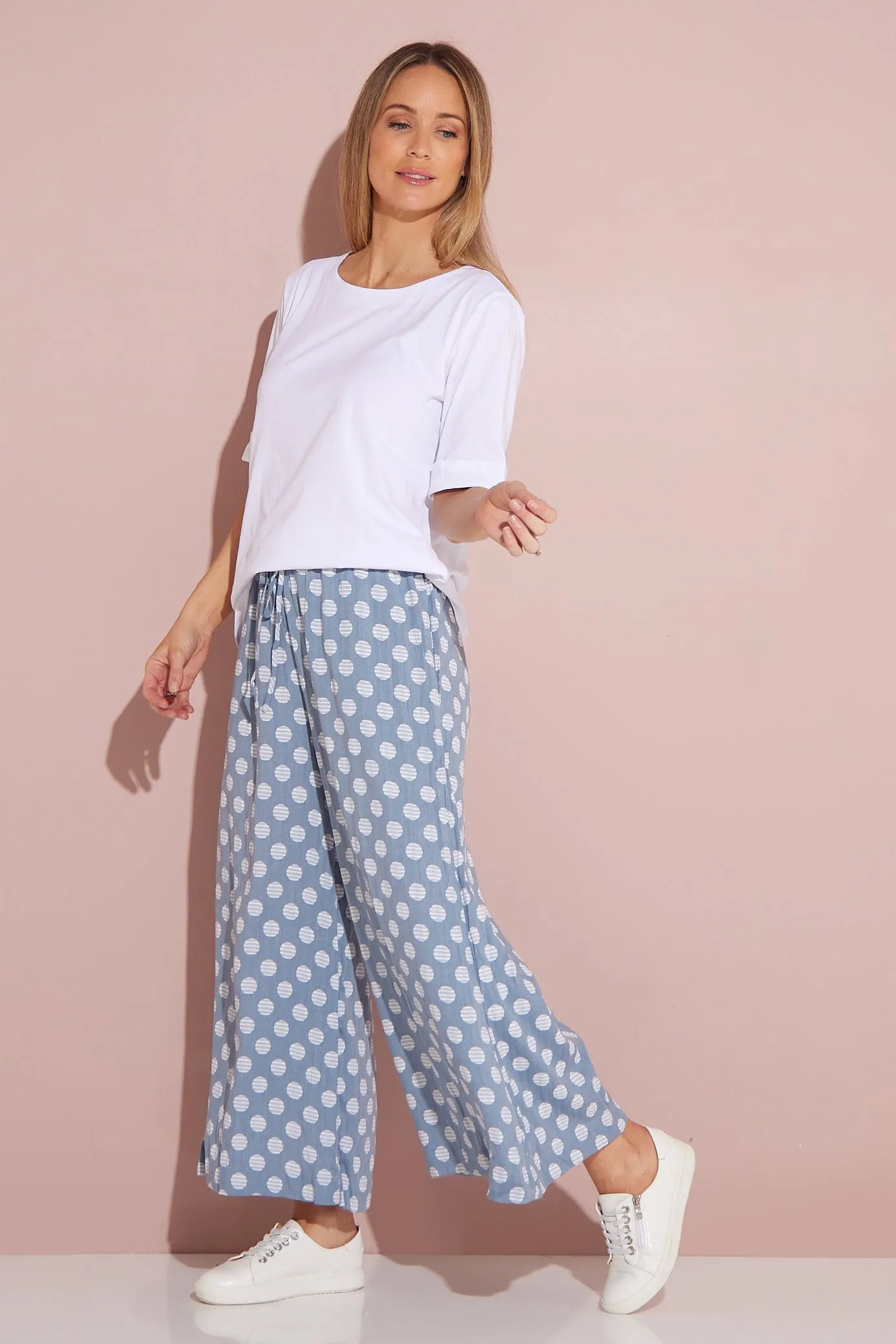 Cleo Wide Leg Drawstring Pants - Denim Blue/Spot