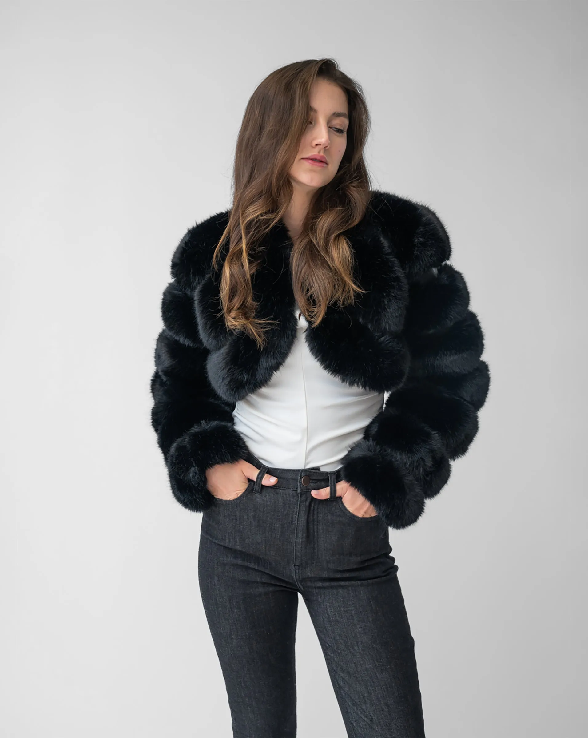 Cropped Channel Quilt Fox Faux Fur Jacket