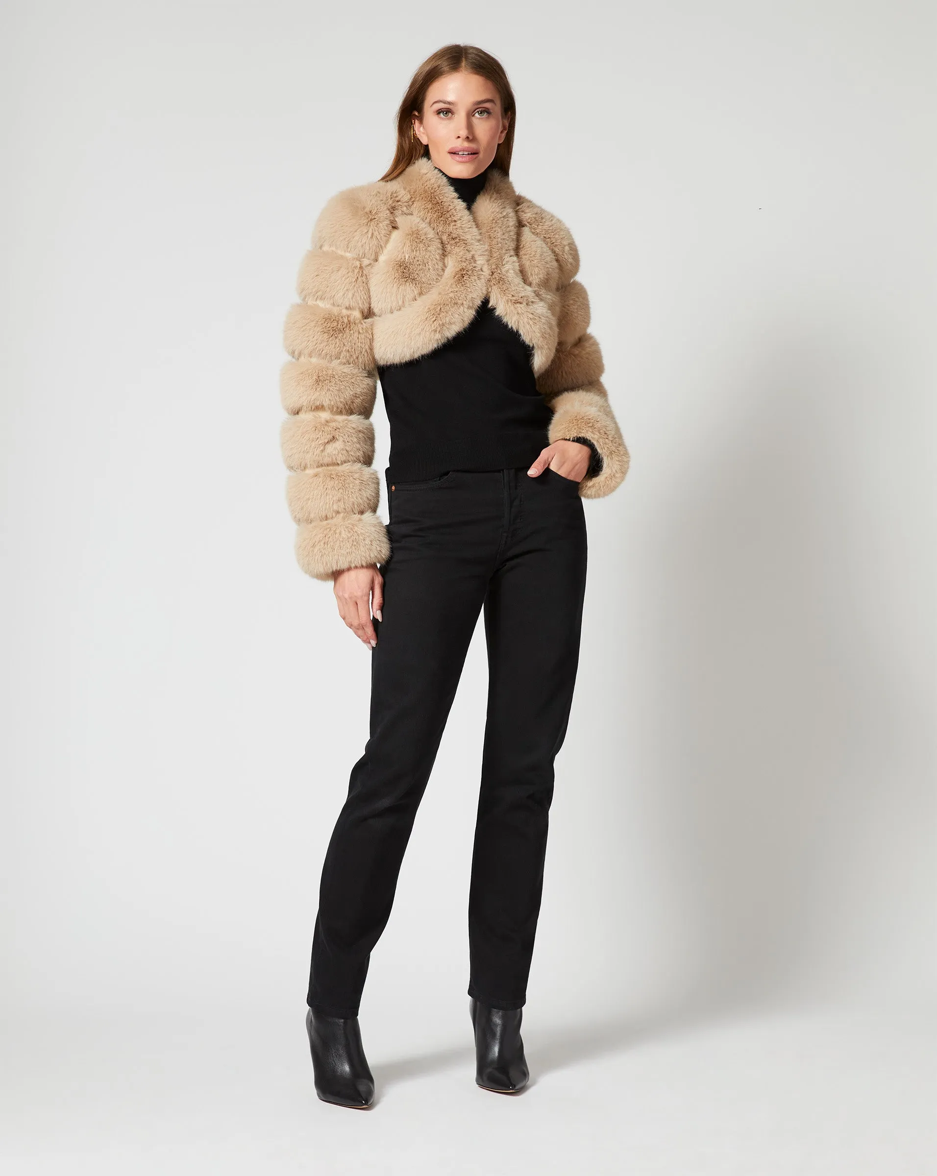 Cropped Channel Quilt Fox Faux Fur Jacket