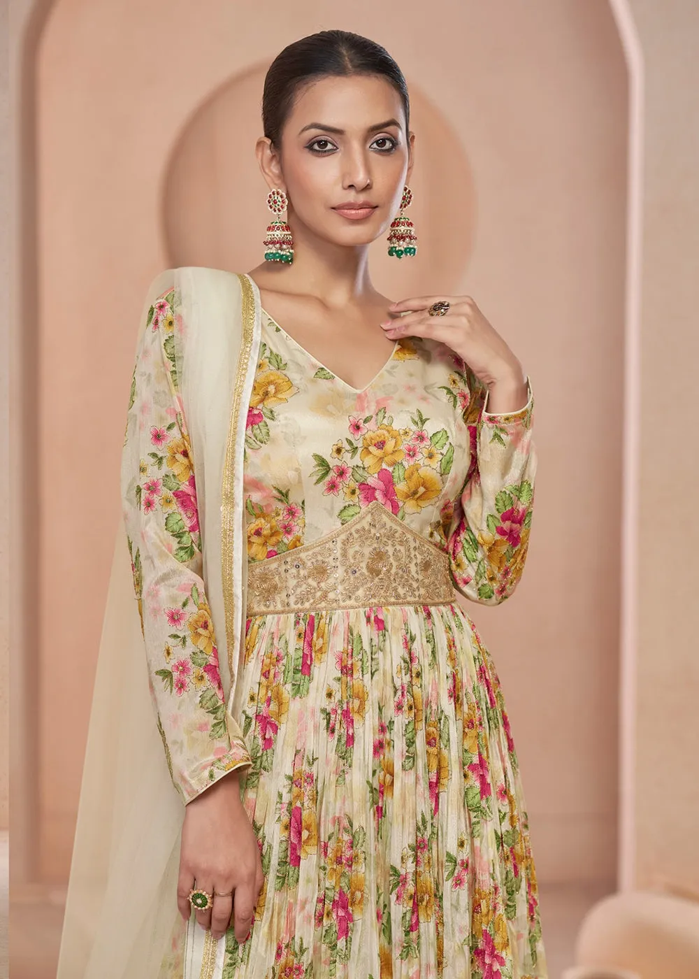 Digital Printed Off White Embroidered Wedding Anarkali Gown