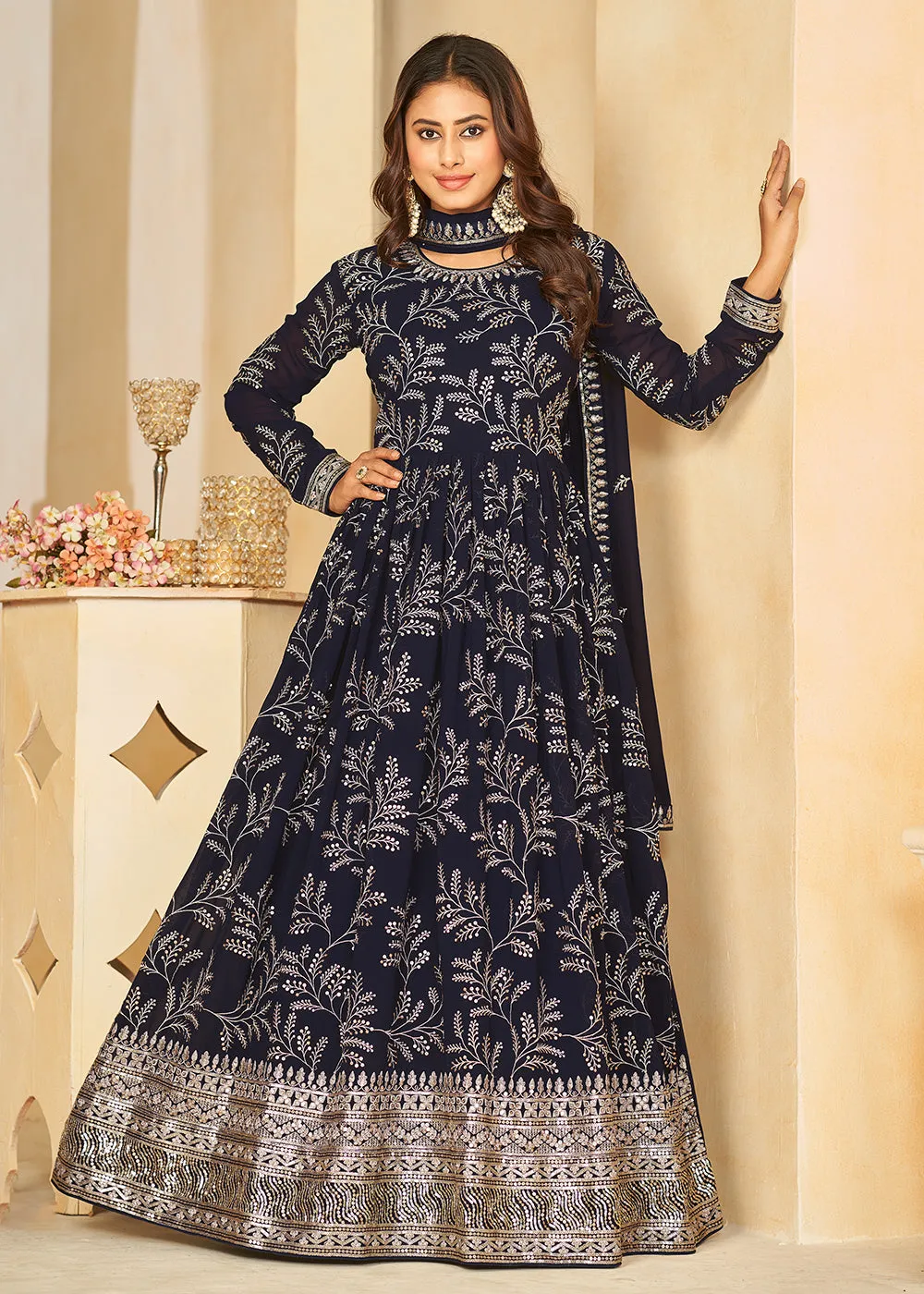 Embroidered Lovely Blue Georgette Wedding Anarkali Suit