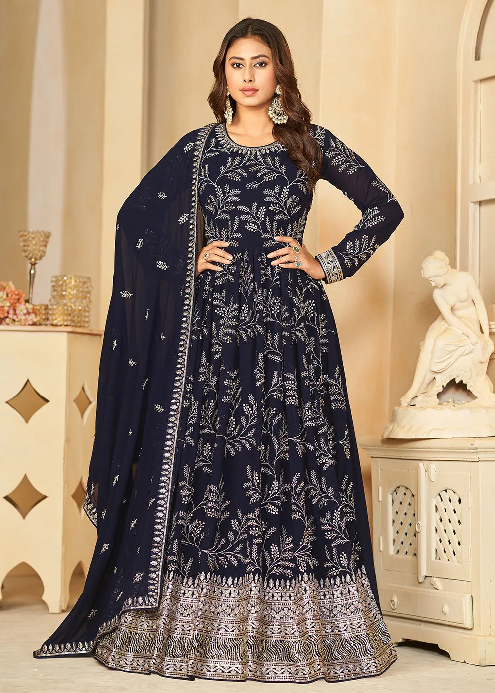 Embroidered Lovely Blue Georgette Wedding Anarkali Suit