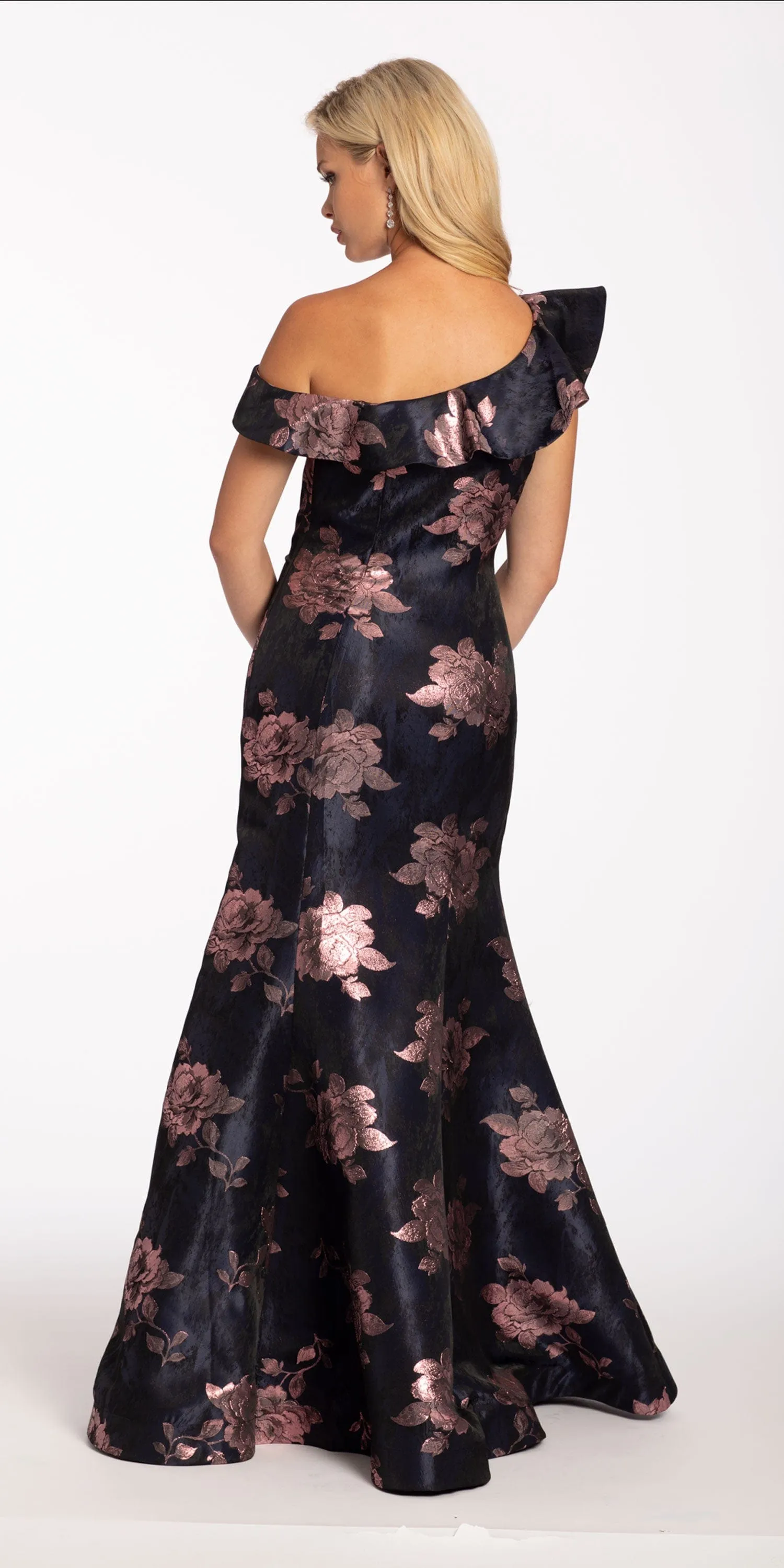 Floral Brocade One Shoulder Trumpet Dress