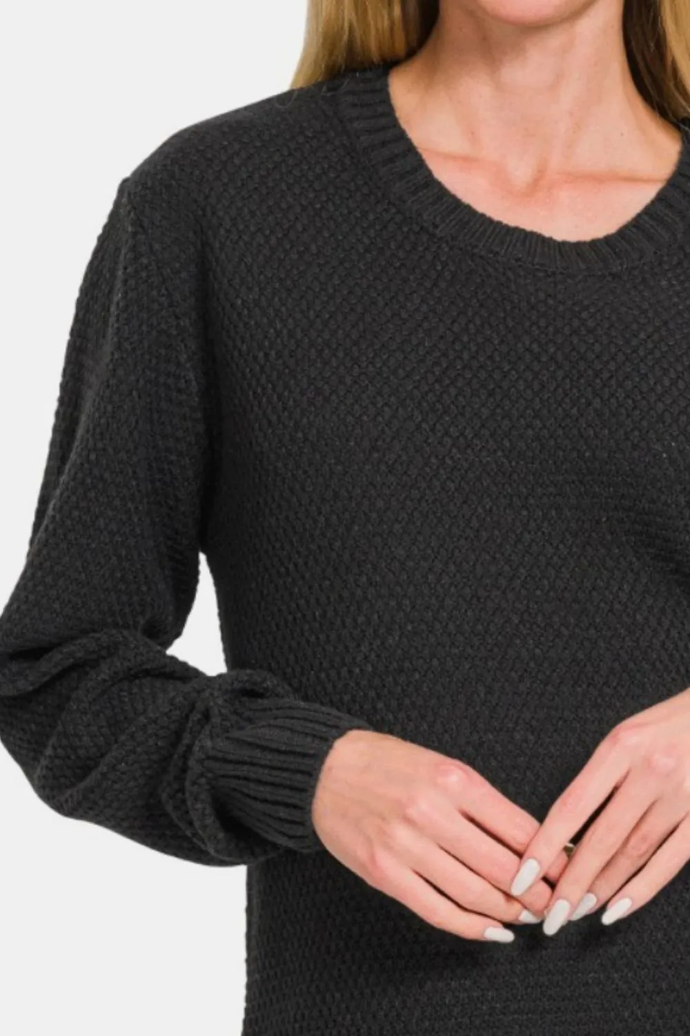 Ful Size Round Neck Long Sleeve Curved Hem Sweater