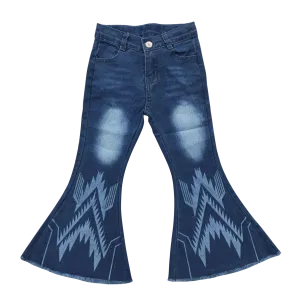 Geometric Pattern Blue Denim Bell Bottoms