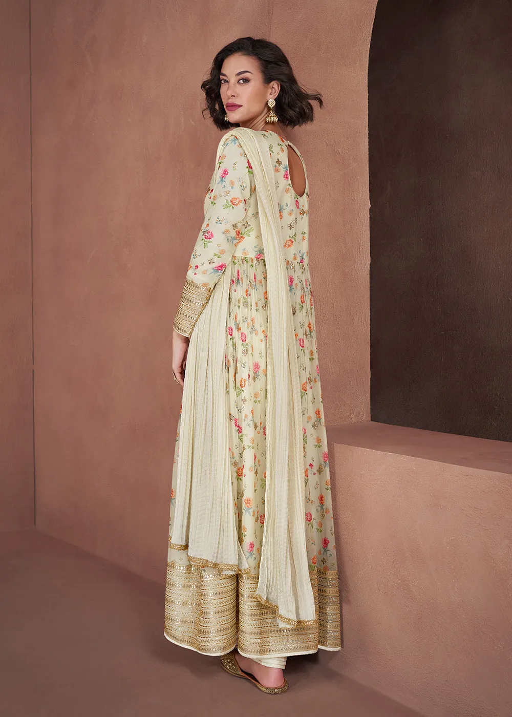 Ivory Real Georgette Embroidered & Printed Anarkali Dress