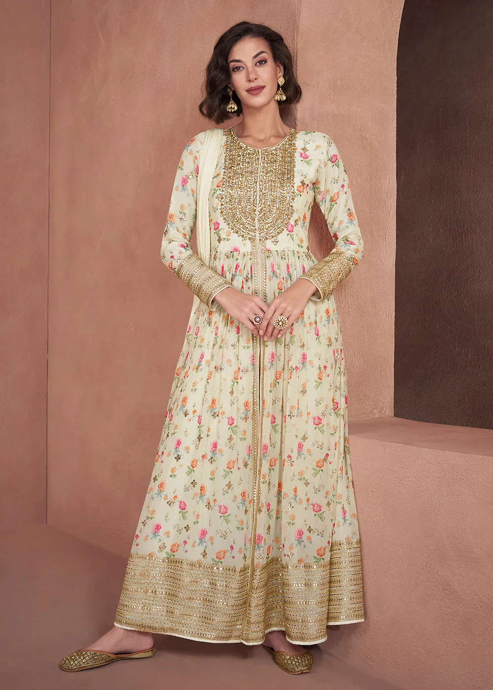 Ivory Real Georgette Embroidered & Printed Anarkali Dress