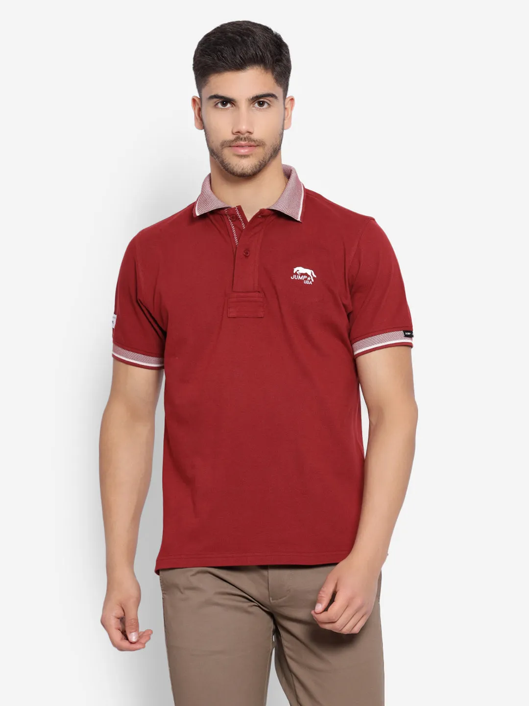 JUMP USA Men Red Solid Polo Collar Pure Cotton T-shirt