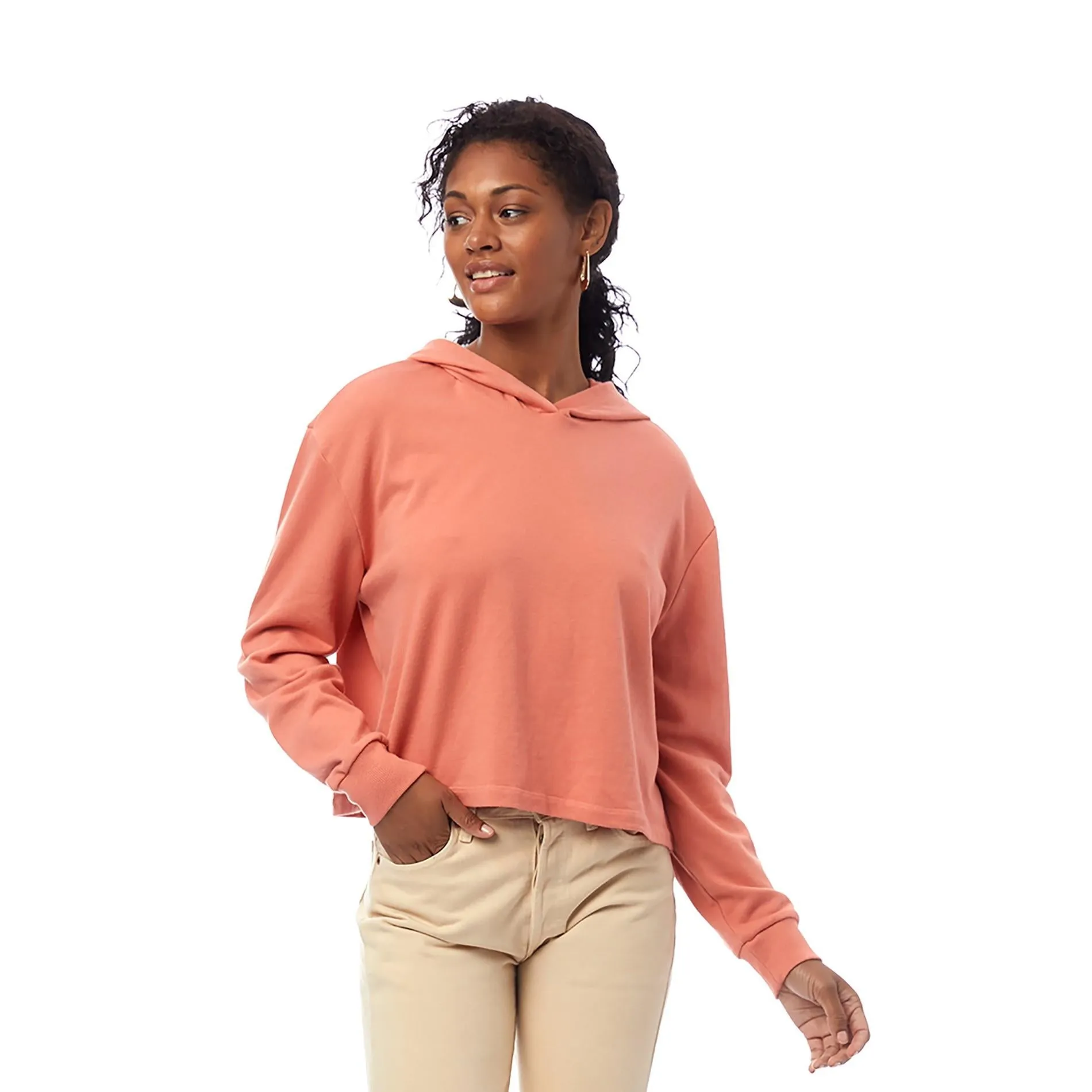 Lightweight French Terry Cropped Pullover Hoodie (Sunset Coral)