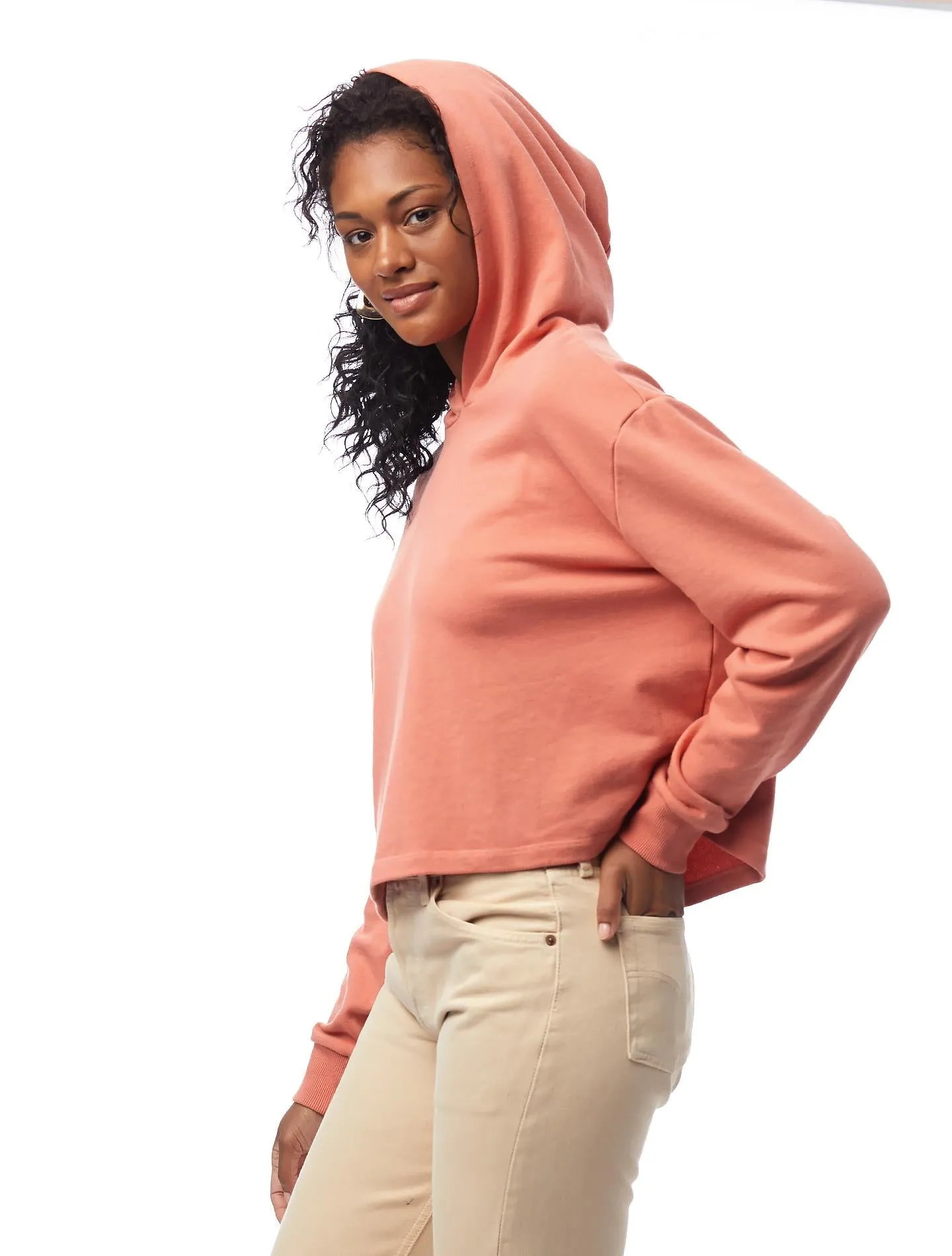 Lightweight French Terry Cropped Pullover Hoodie (Sunset Coral)