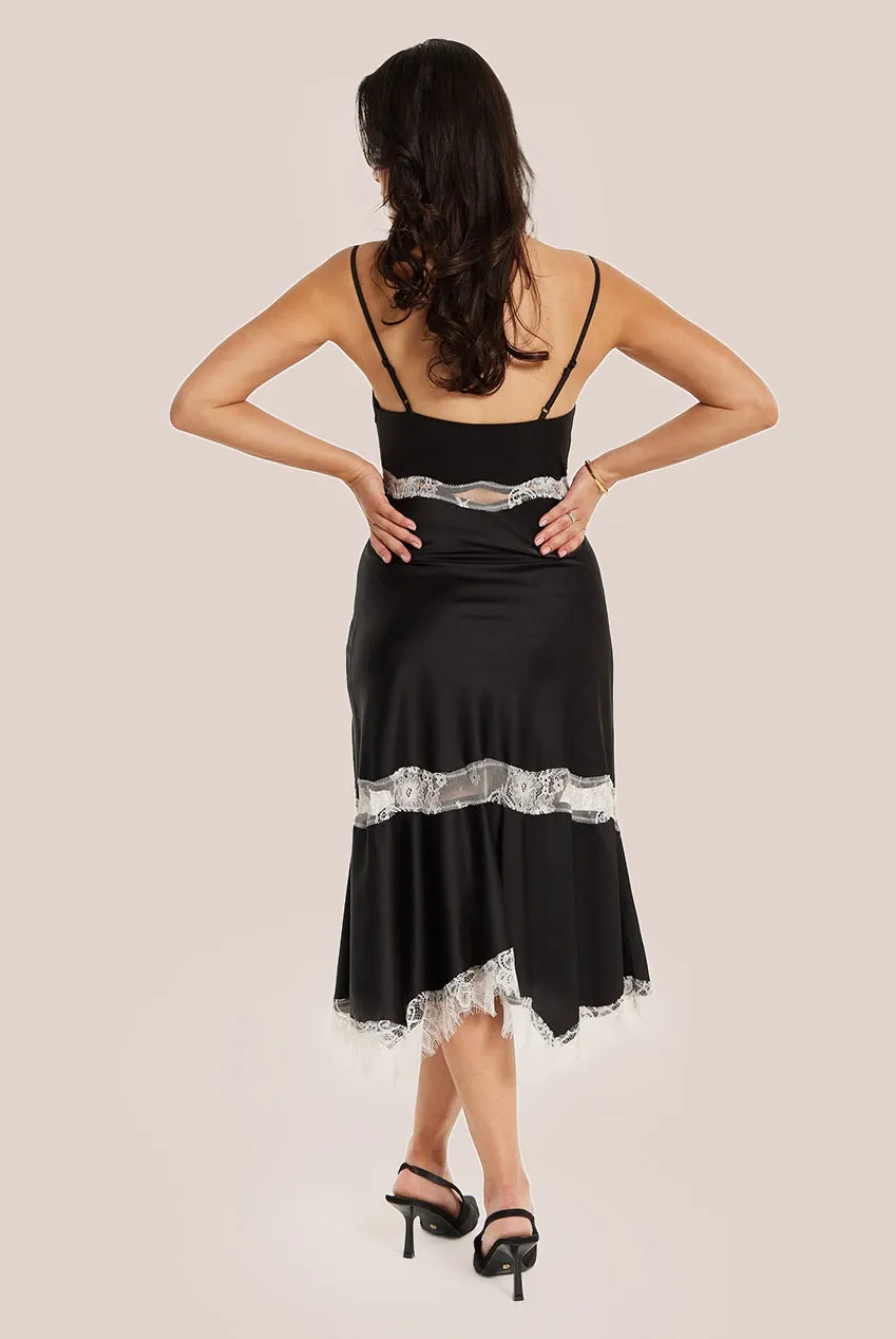 Liquorish Elegant Black Midi Dress With Lace Details