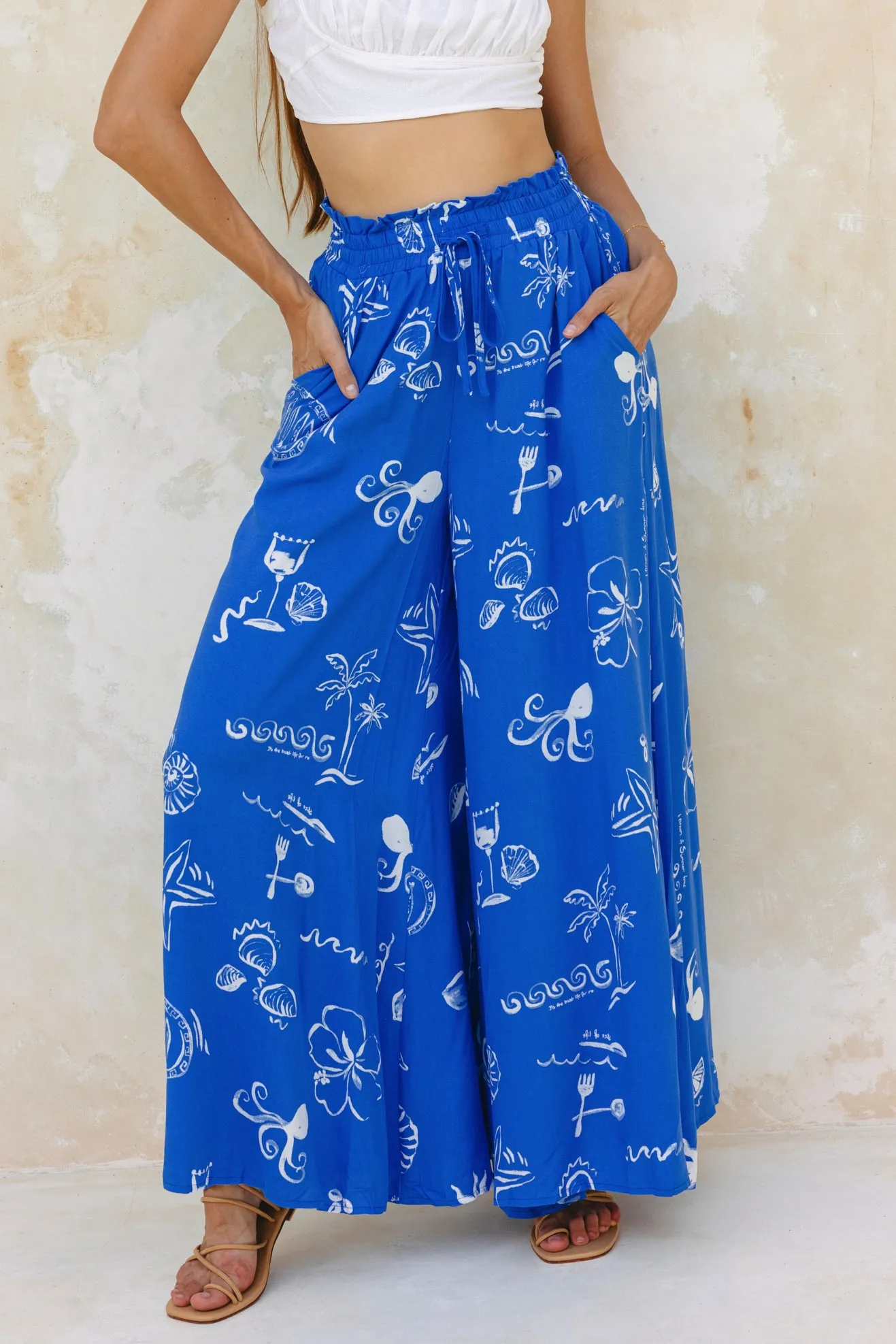 Mariselle Blue Ocean Abstract Wide Leg Pants