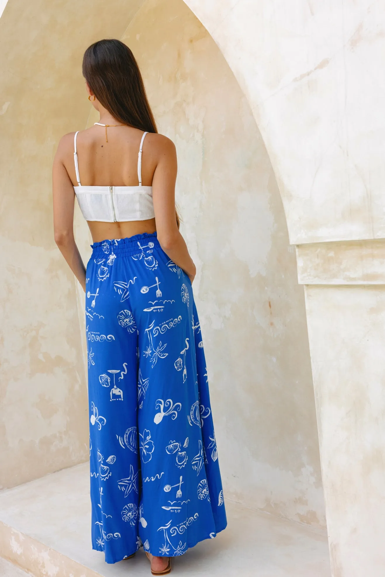 Mariselle Blue Ocean Abstract Wide Leg Pants