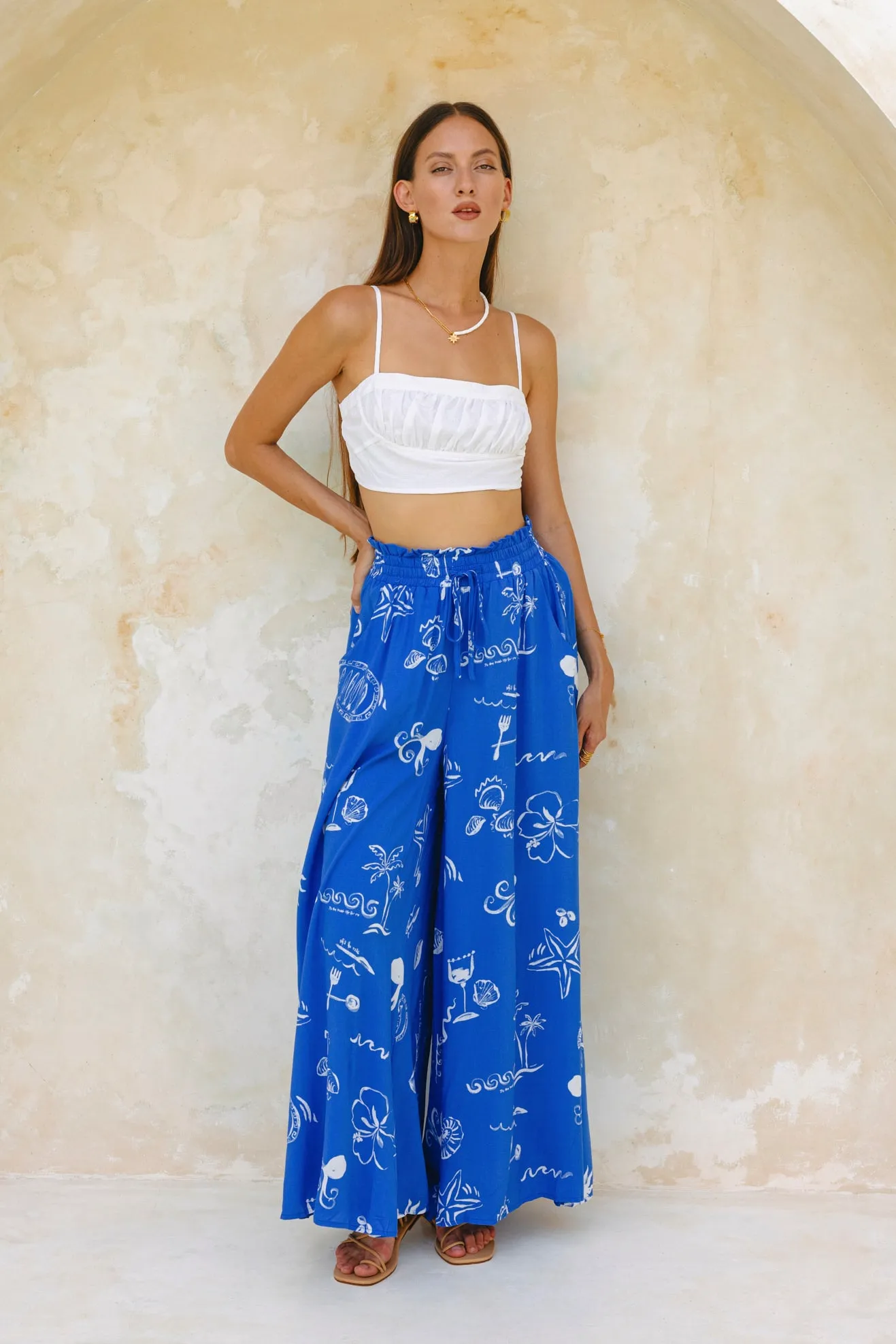 Mariselle Blue Ocean Abstract Wide Leg Pants