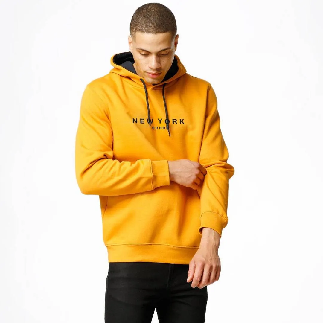 Men's Yellow Cotton Printed  Long Sleeves Hoodies