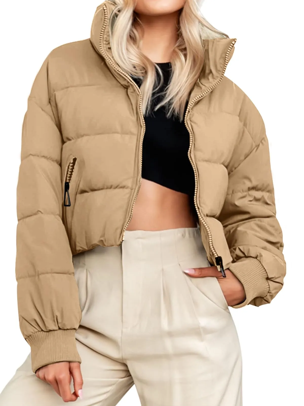 MEROKEETY Stand Collar Zip-Up Oversized Cropped Puffer Jacket Coat