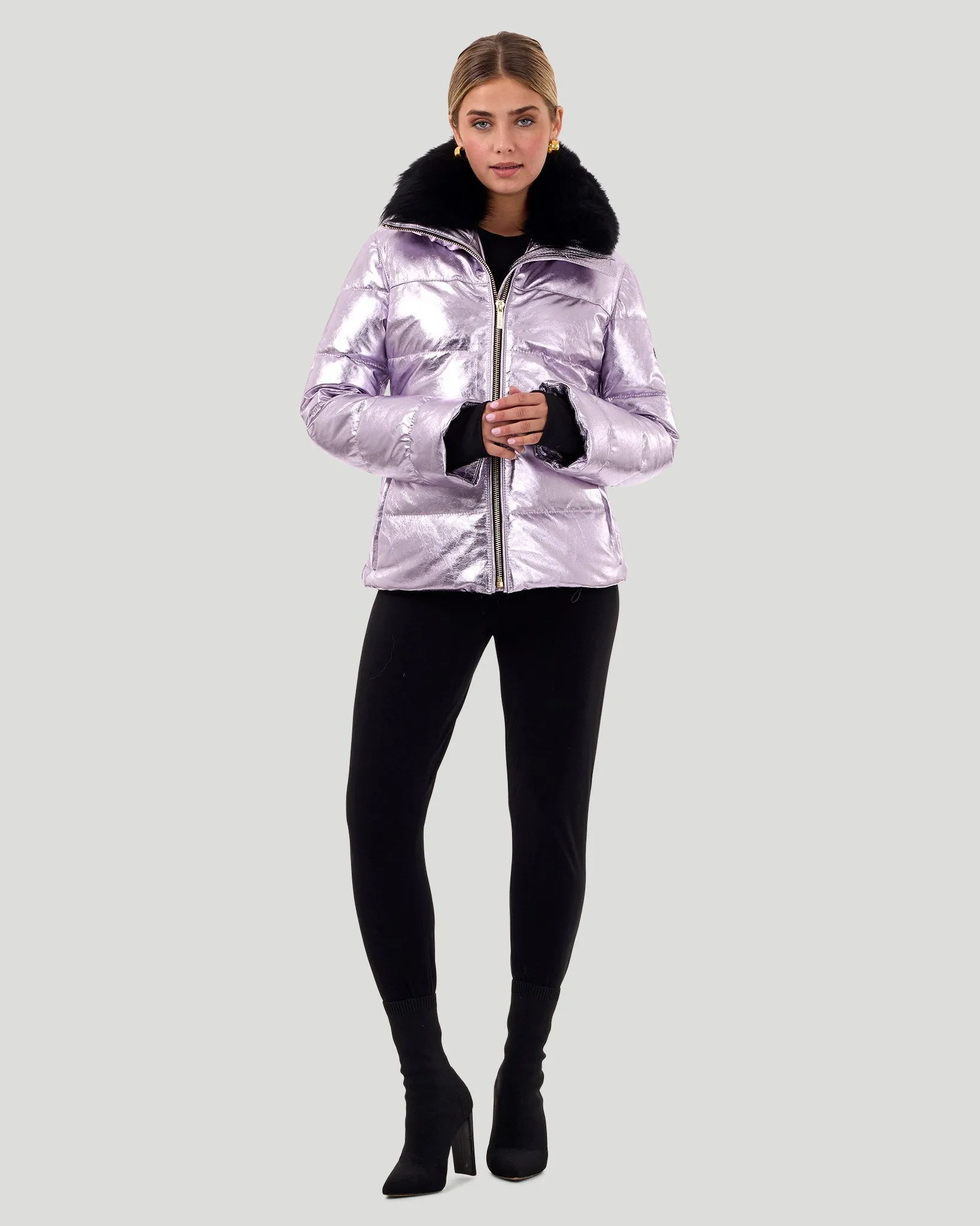 Metallic Après-Ski Jacket with Detachable Toscana Shearling Lamb Collar