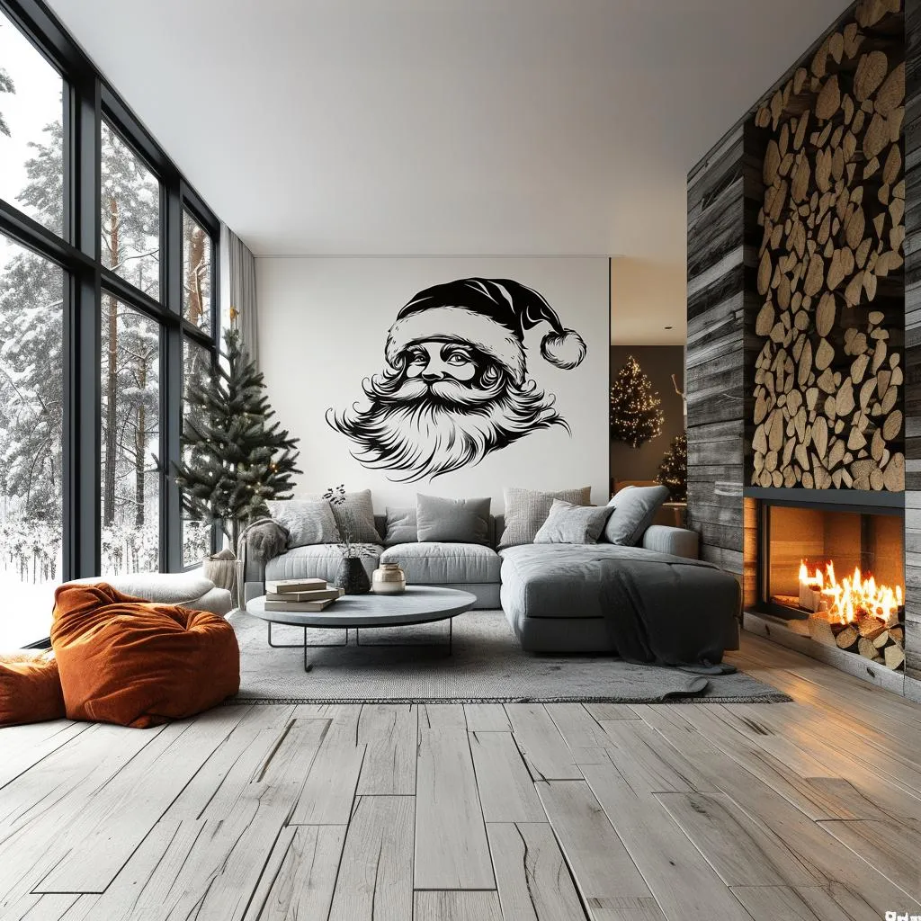 Minimalist Santa Wall Mural | Black Christmas Decor | Elegant Holiday Wall Decal | Modern Santa Claus Sticker Festive Monochrome Decoration