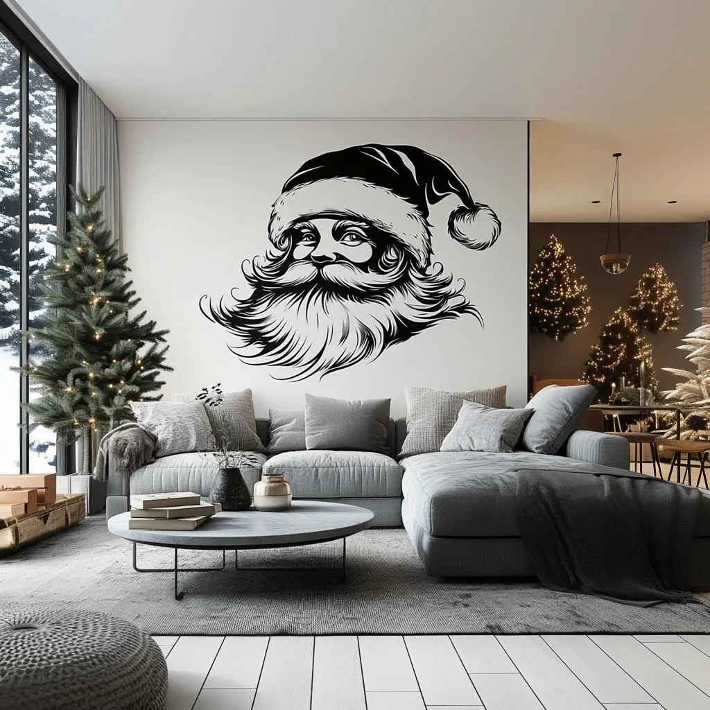 Minimalist Santa Wall Mural | Black Christmas Decor | Elegant Holiday Wall Decal | Modern Santa Claus Sticker Festive Monochrome Decoration