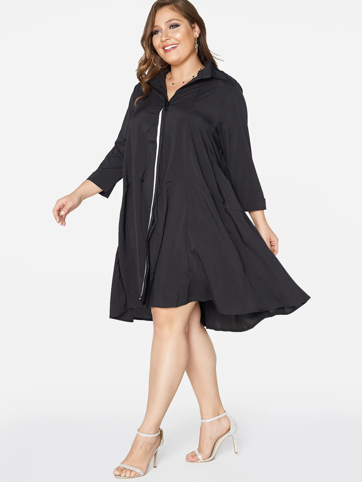 OEM ODM Classic Collar Plain Pleated Long Sleeve Black Plus Size Dresses