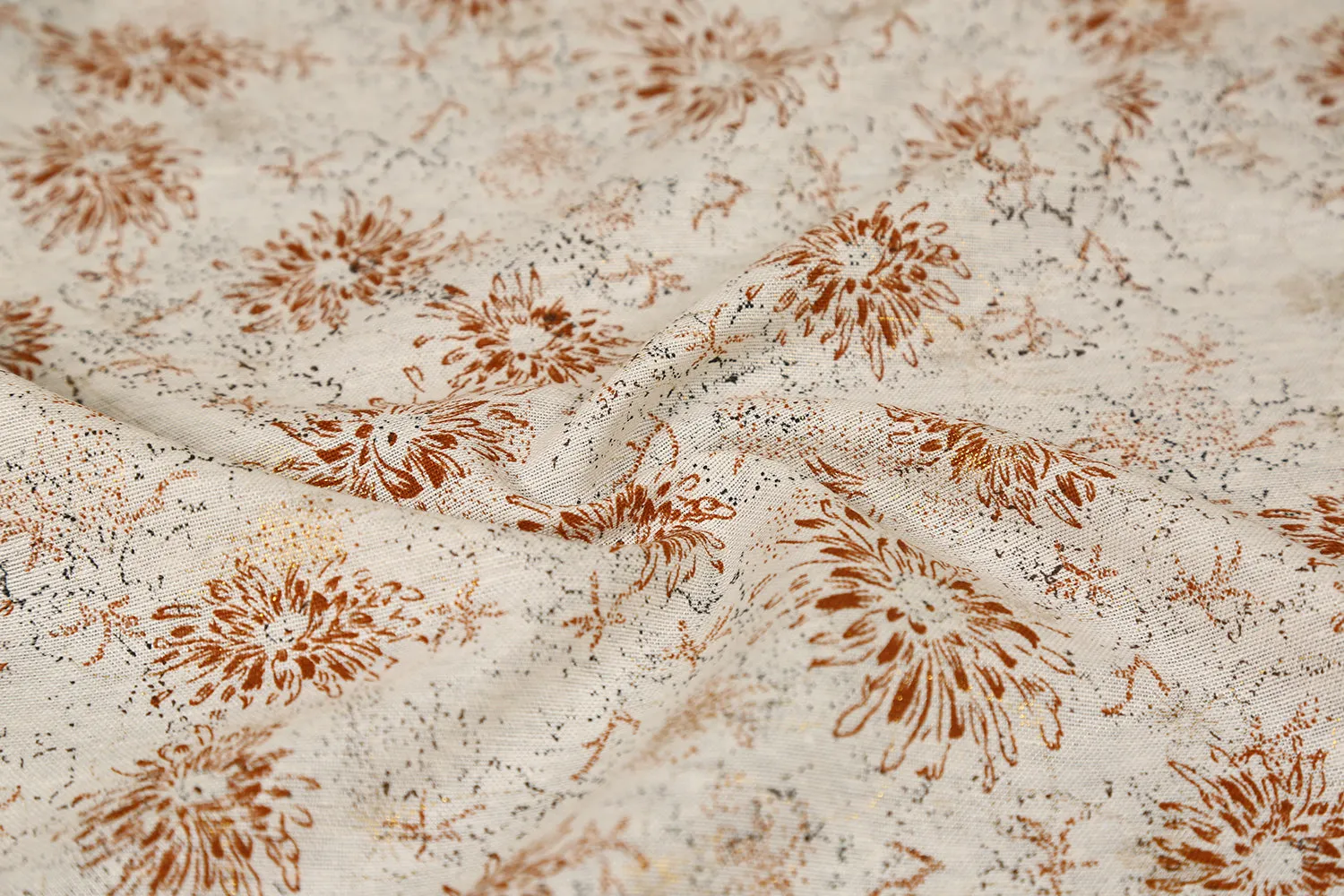 Off White & Brown Floral Printed Cotton Linen Fabric