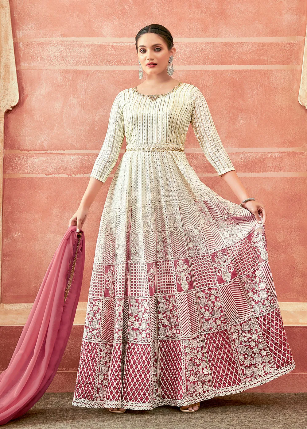 Off White & Pink Georgette Embroidered Festive Anarkali Suit