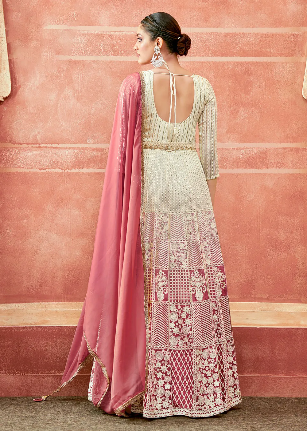 Off White & Pink Georgette Embroidered Festive Anarkali Suit