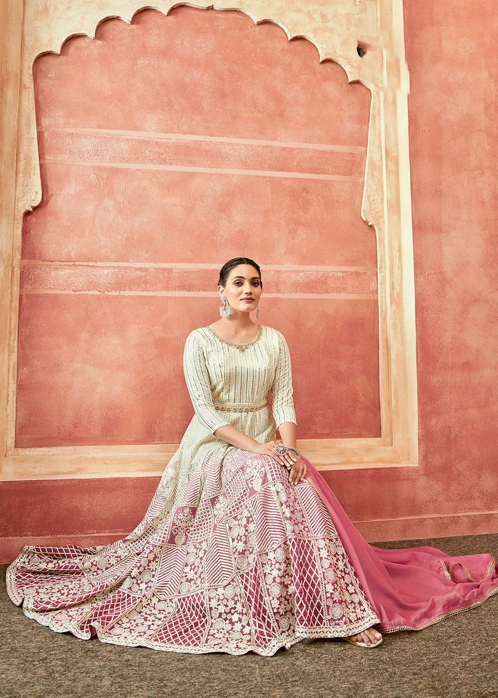 Off White & Pink Georgette Embroidered Festive Anarkali Suit