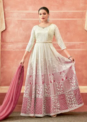 Off White & Pink Georgette Embroidered Festive Anarkali Suit