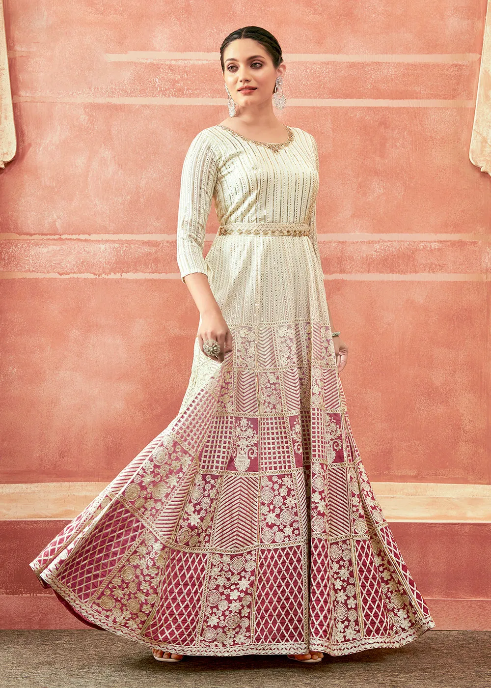 Off White & Pink Georgette Embroidered Festive Anarkali Suit