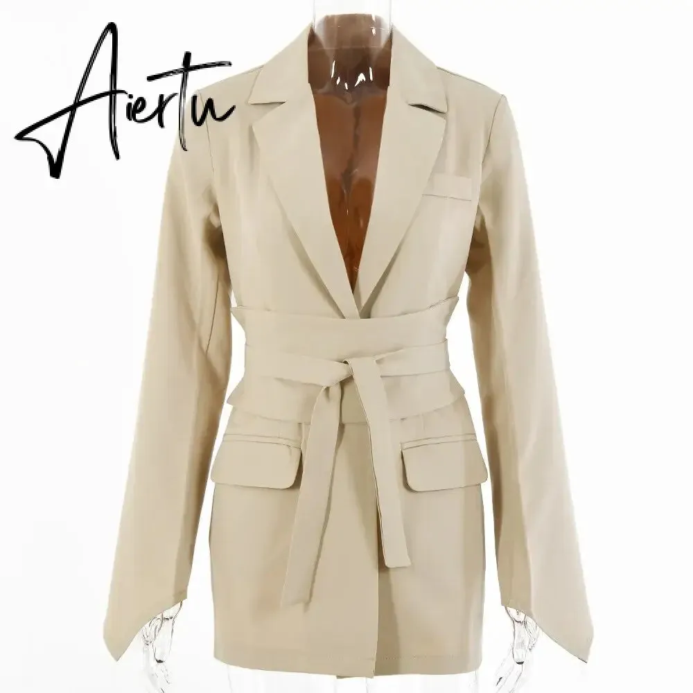 Office Ladies Blazer Dress Women Suits with Belt Outerwear Women's Jackets Long Sleeve Elegant White Black Jacket Female